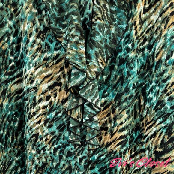 Carol Rose Top Blouse Turquoise Brown Black Ruffles Around Neck Down Front Sz XL - Picture 4 of 8